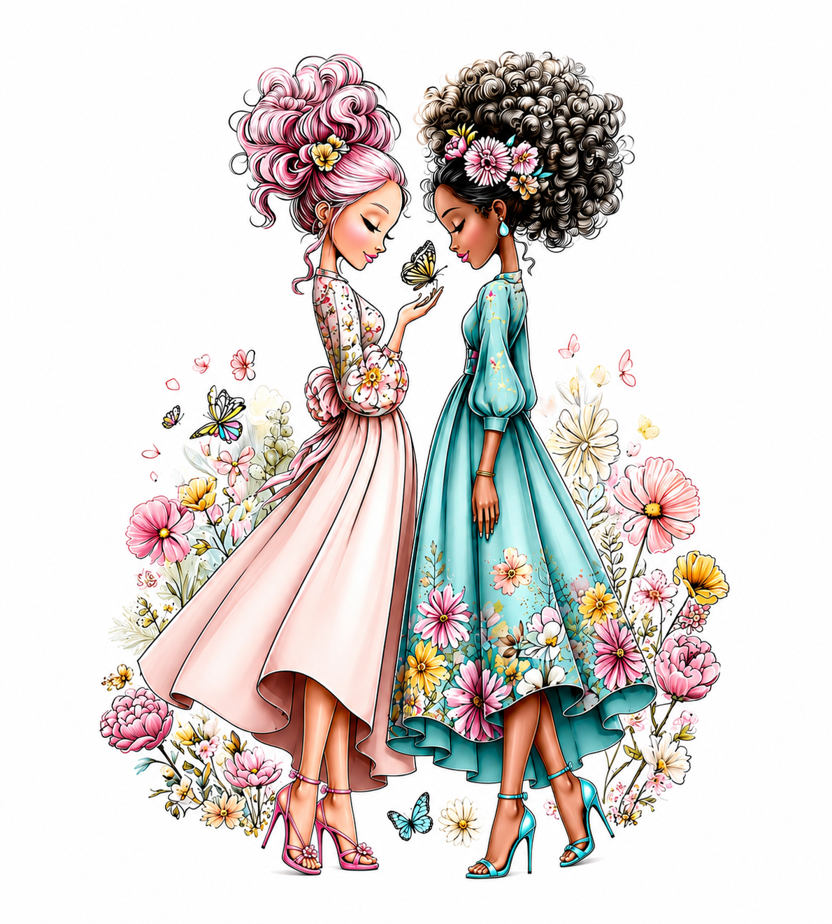 Expand.RevShoes-v2.2Gals.Whimsical.Dresses.Heels.FacingEachOther.Butterfly