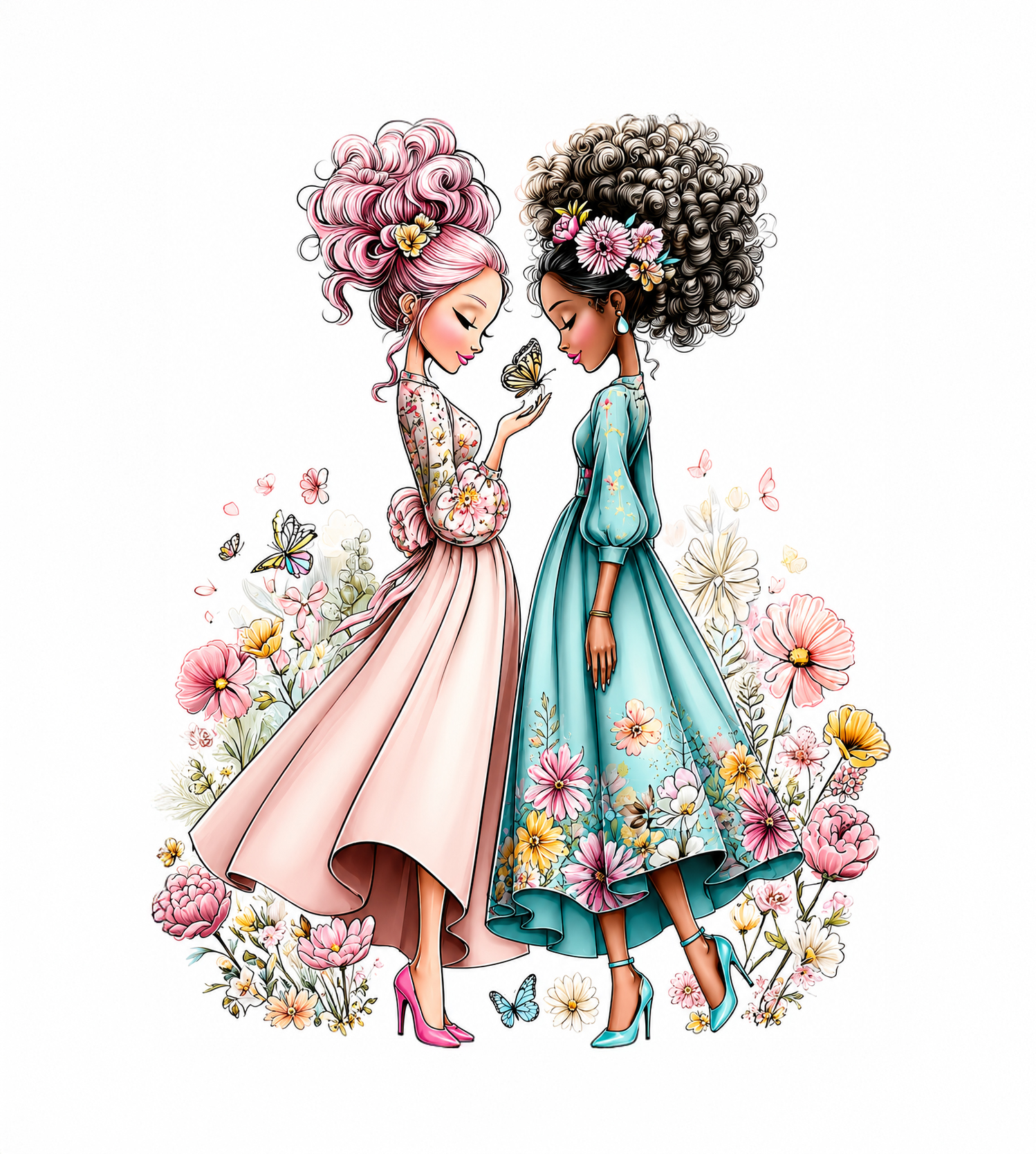 Expand.Rev.2Gals.Whimsical.Dresses.Heels.FacingEachOther.Butterfly